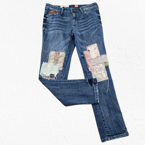 Pilcro Anthropologie Patchwork Mixed Fabric Mid-Rise Straight Leg Jeans Size 27 - Picture 1 of 12